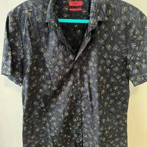 HUGO Men's Black Blue and Yellow Patterned Shirt Slim Fit